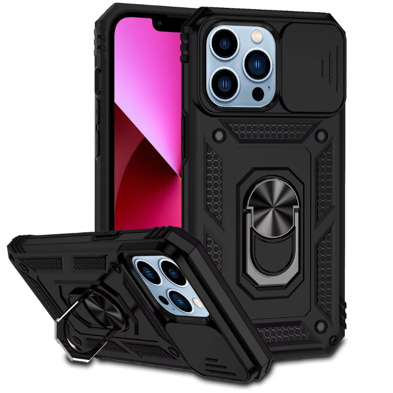 Heavy Duty Armor Phone Case with Sliding Camera Cover & Ring Holder - Red Black