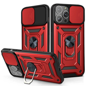 Heavy Duty Armor Phone Case with Sliding Camera Cover & Ring Holder - Red Black