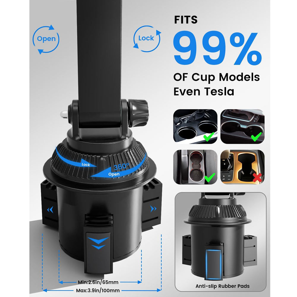 360° Rotation Car Cup Holder Phone & Tablet Mount for 5-17 Inch Devices - Universal Adjustable Car Phone Holder Stand