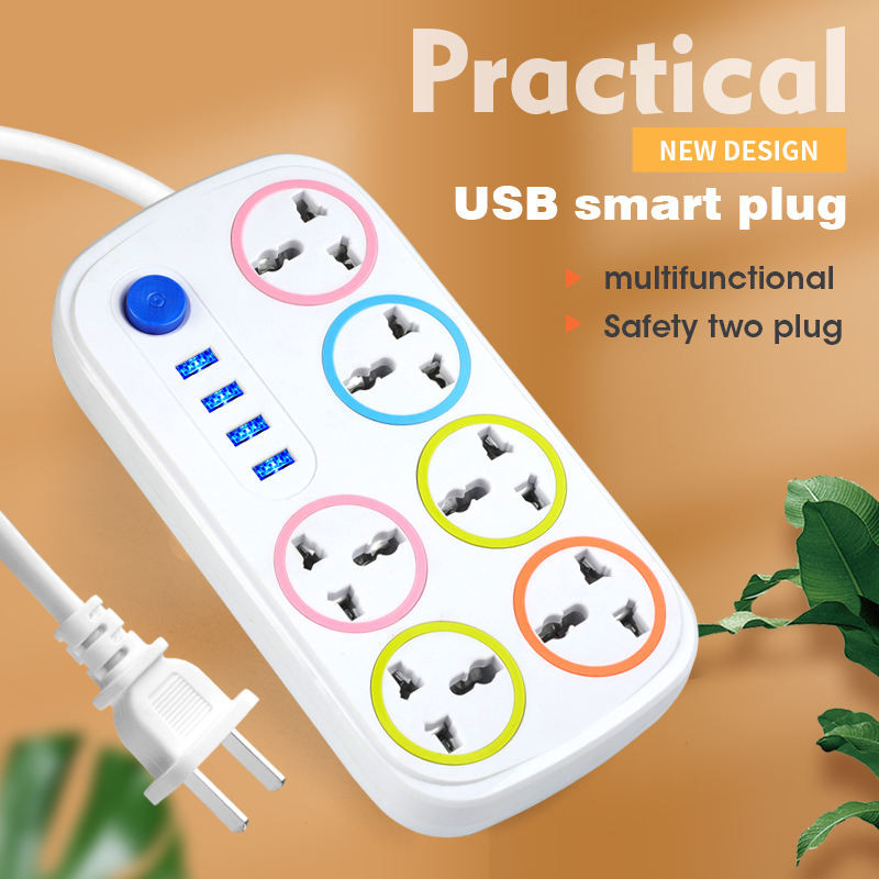 6-Way Power Strip Extension Socket with USB Ports - Surge Protector Multi Plug Extension Board with EU Plug