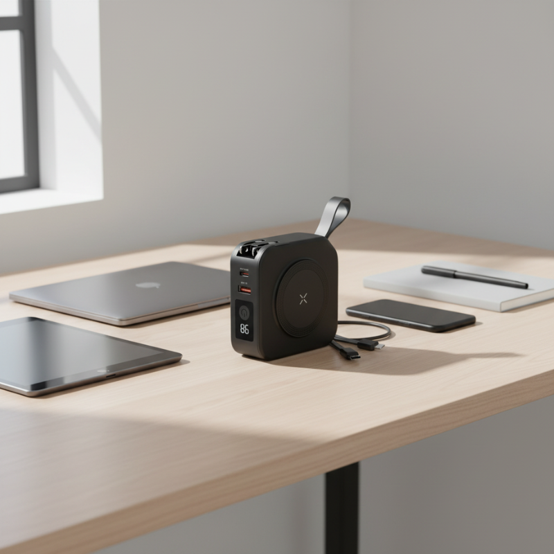 Multi-Functional 65W Power Bank with Wireless Charging, Built-in Cables & Digital Display