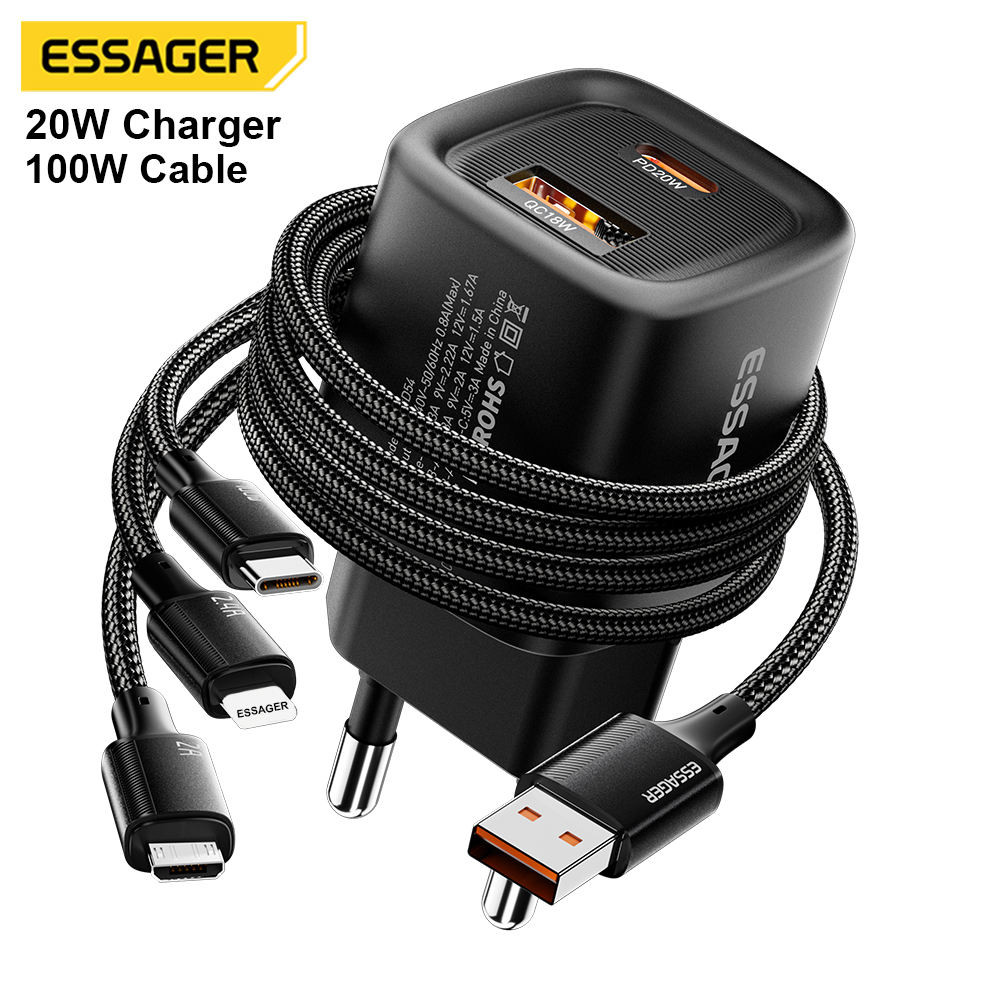 Essager 20W PD GAN Fast Charger with 100W USB-C Cable - EU/UK Plug Type C Fast Charging Adapter for iPhone Samsung Xiaomi