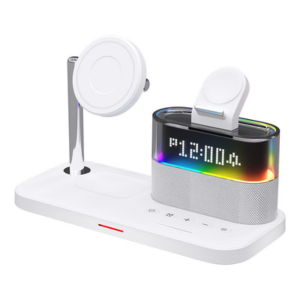 4-in-1 Wireless Charging Station with Bluetooth Speaker, Digital Clock & MagSafe Stand