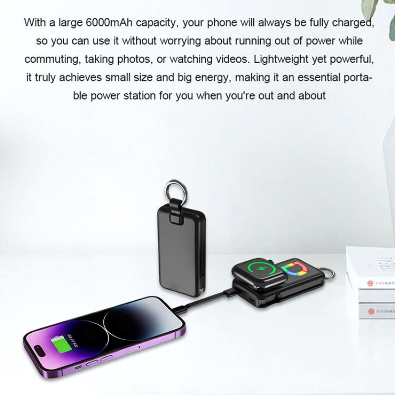 Mini Smartwatch Charger Keychain with Digital Display - Portable Power Bank for Apple Watch