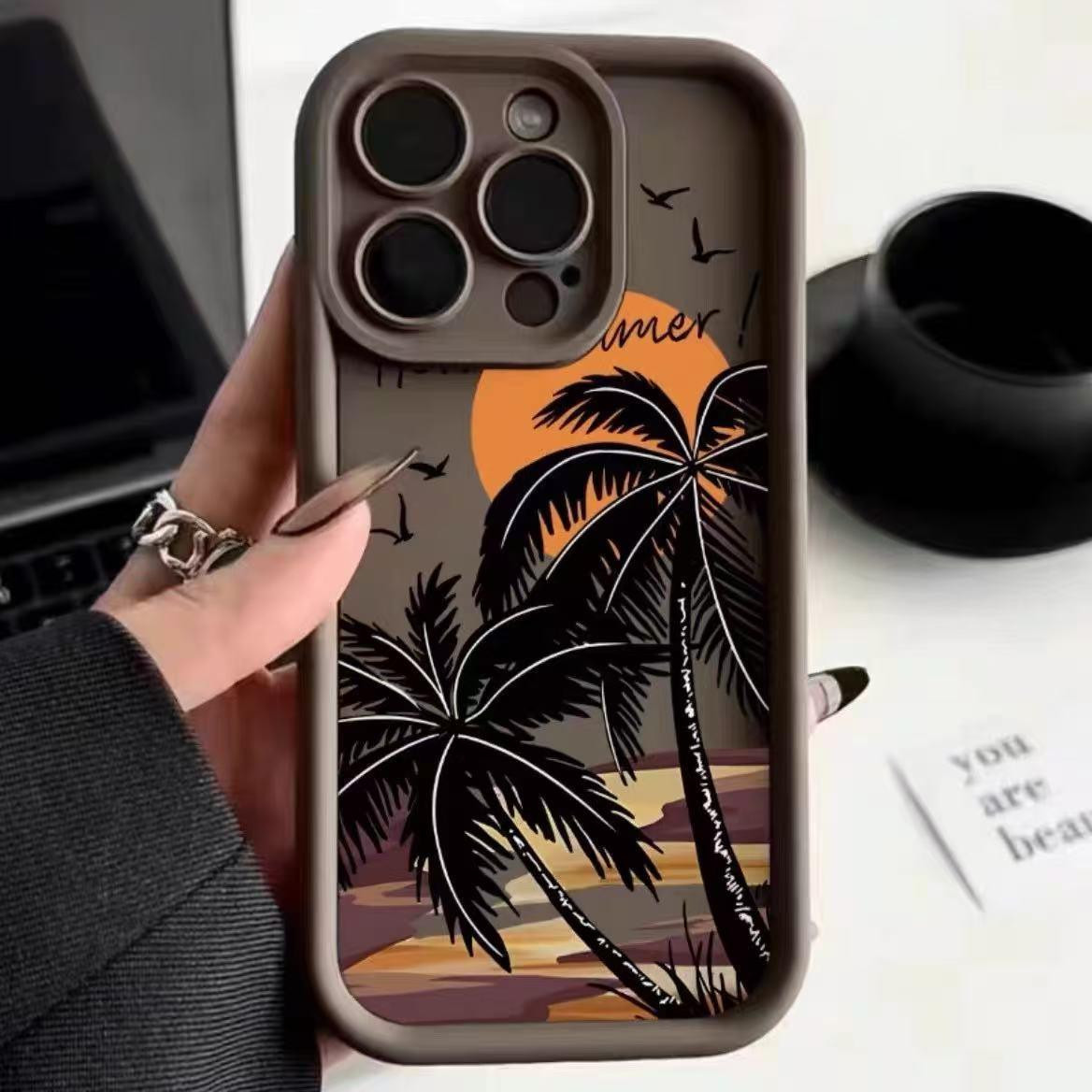 Sunset Coconut Trees Silicone Phone Case for iPhone 17 16 15 14 Pro Max - Aesthetic Custom Design Soft Cover for Women & Girls