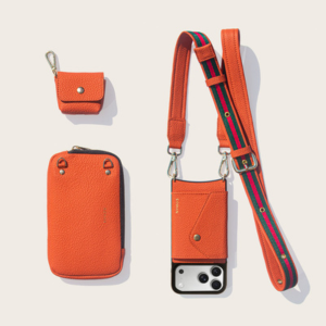 Luxury Orange Leather Crossbody Phone Bag with Detachable Strap & Card Slots