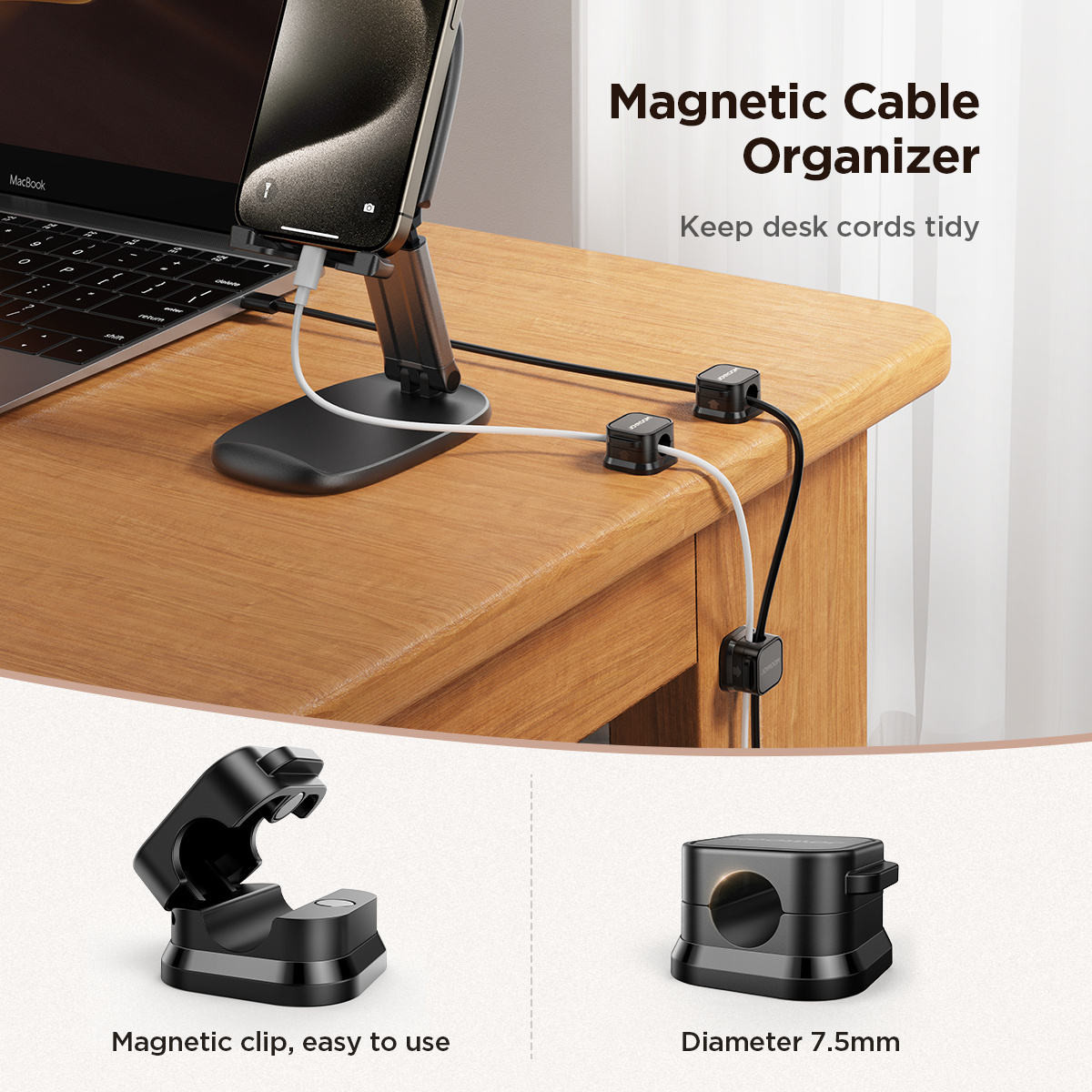 Joyroom Magnetic Cable Clips Organizer - Small Cable Management Holder for USB, Charging Cables & Accessories