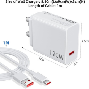 120W Fast USB Charger for Xiaomi 14 13 12 11T Redmi Note POCO - Hypercharge Turbo Charger with 6A Cable