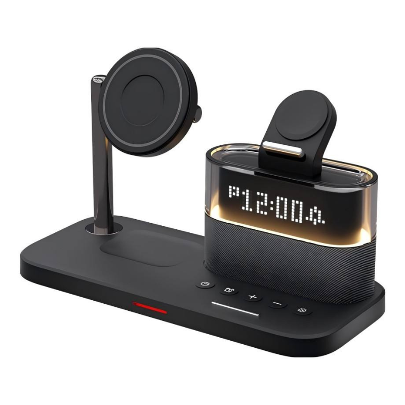 4-in-1 Wireless Charging Station with Bluetooth Speaker, Digital Clock & MagSafe Stand