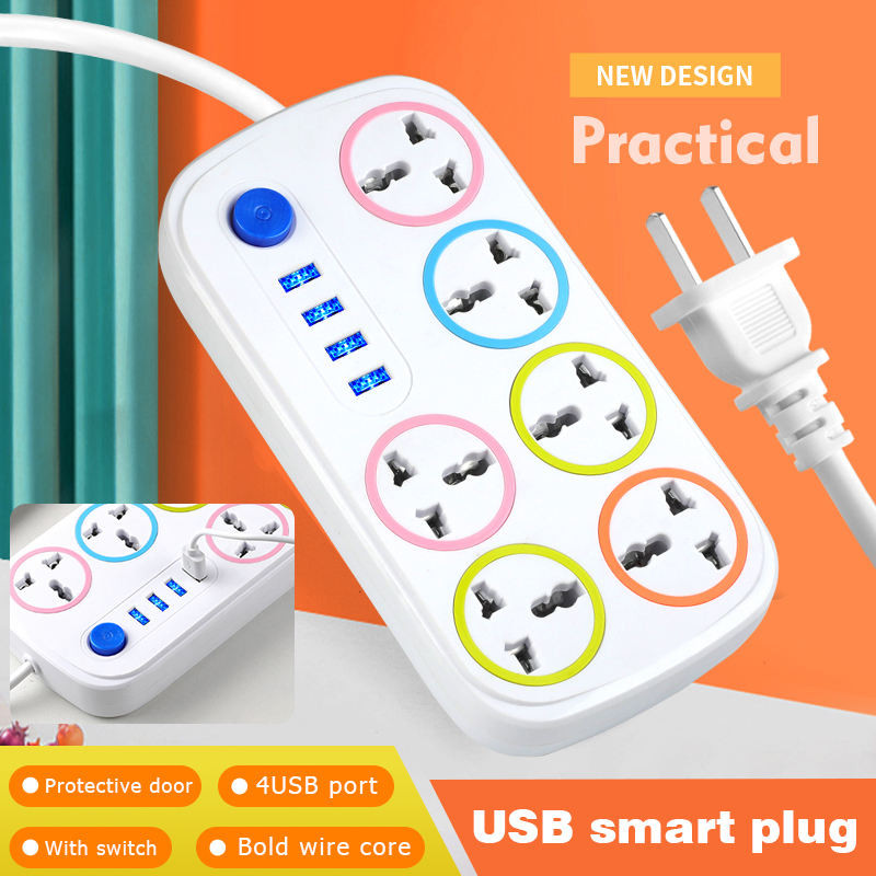 6-Way Power Strip Extension Socket with USB Ports - Surge Protector Multi Plug Extension Board with EU Plug