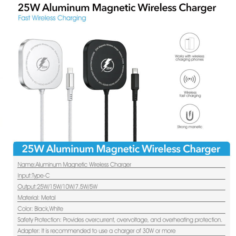 25W Magnetic Wireless Charger - Aluminum Fast Charging Pad with USB-C Cable
