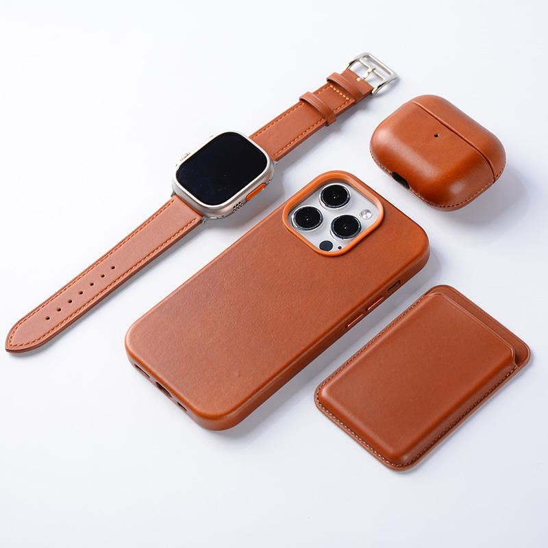 Luxury 4-Piece Brown Leather Accessories Gift Set - Phone Case, Watch Band, AirPods Case & Card Holder