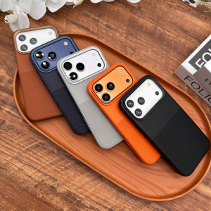 Luxury Metal Camera Frame Leather Case for iPhone 17 16 Pro Max - Premium PU Dot Matrix Textured Skin Cover with Anti-Fingerprint Protection