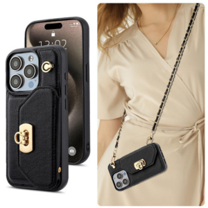 Luxury Crossbody Phone Case with Card Holder & Chain Strap - Black Leather Design