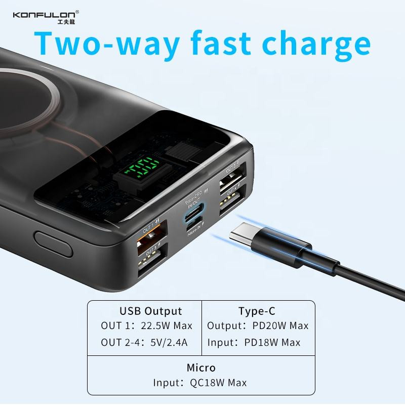 KONFULON 20000mAh Wireless Power Bank with 20W Fast Charging & Built-in Phone Holder - Portable Magnetic Charger