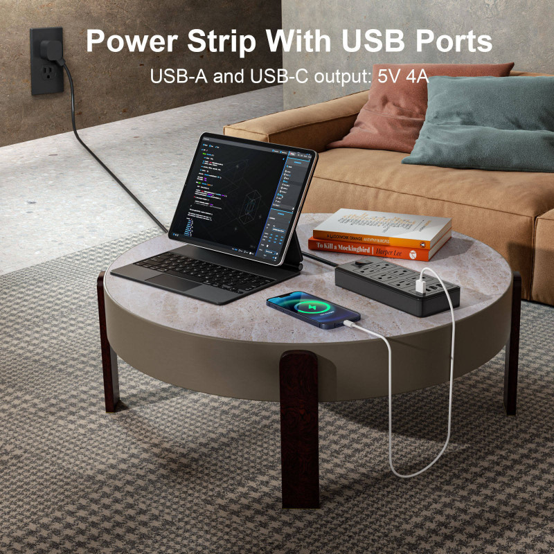Multi Port Power Strip with 6 Outlets 2 USB-C 2 USB-A - 10A Wall Mountable Power Extension Socket for Home & Office
