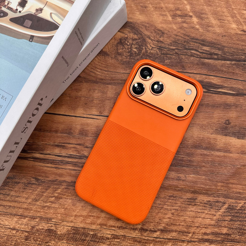 Luxury Metal Camera Frame Leather Case for iPhone 17 16 Pro Max - Premium PU Dot Matrix Textured Skin Cover with Anti-Fingerprint Protection