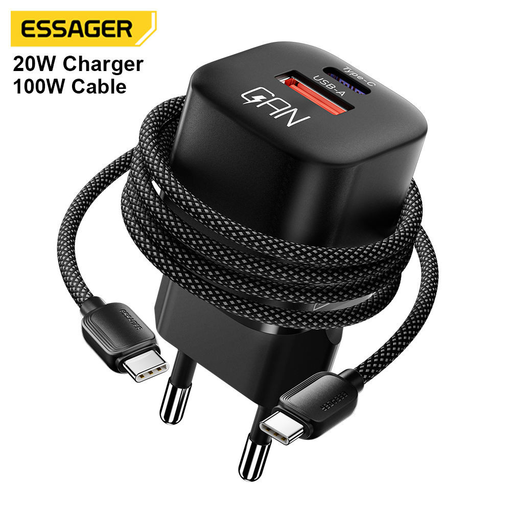 Essager 20W PD GAN Fast Charger with 100W USB-C Cable - EU/UK Plug Type C Fast Charging Adapter for iPhone Samsung Xiaomi