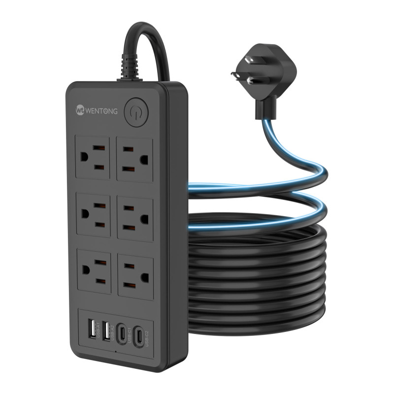Multi Port Power Strip with 6 Outlets 2 USB-C 2 USB-A - 10A Wall Mountable Power Extension Socket for Home & Office