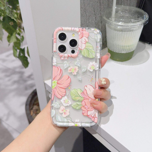 New Fashion Shockproof Flower Pattern Clear Phone Case for iPhone 17 16 15 14 Pro Max Plus - Floral Design Soft TPU Cover for Girls