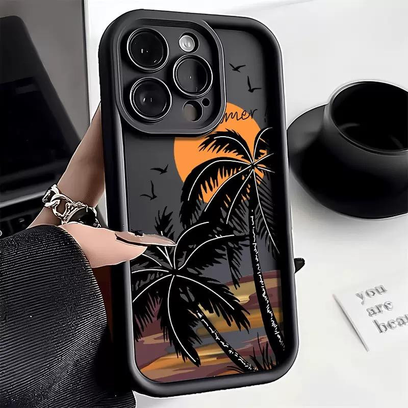 Sunset Coconut Trees Silicone Phone Case for iPhone 17 16 15 14 Pro Max - Aesthetic Custom Design Soft Cover for Women & Girls