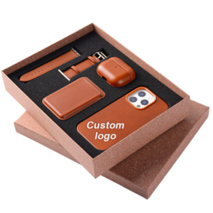 Luxury 4-Piece Brown Leather Accessories Gift Set - Phone Case, Watch Band, AirPods Case & Card Holder